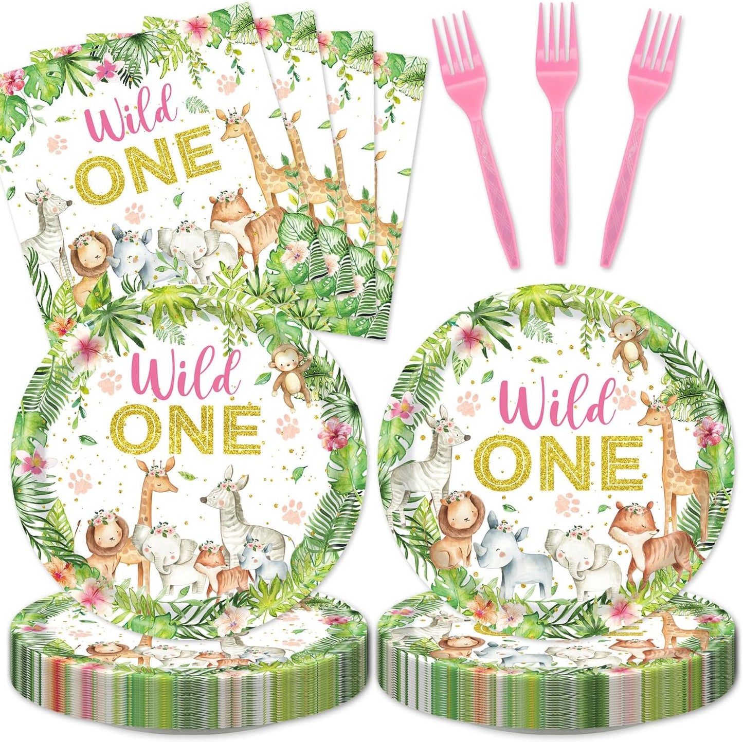 48Pcs Wild One Birthday Decorations Disposable Safari Animals Baby Shower Plates Napkins Forks Supplies for Boy Wild One Birthday Decorations Girl