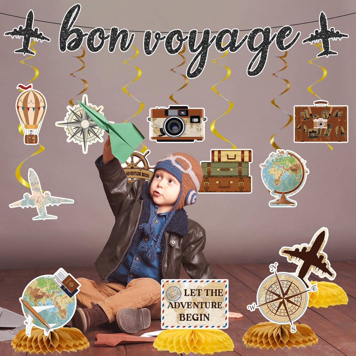 Bon Voyage Party Decorations - 13PCS Travel Themed Party Decorations Glitter Bon Voyage Banner Hanging Swirls Let the Adventure Begin Honeycomb Centerpieces Decor Going Away Party Supplies