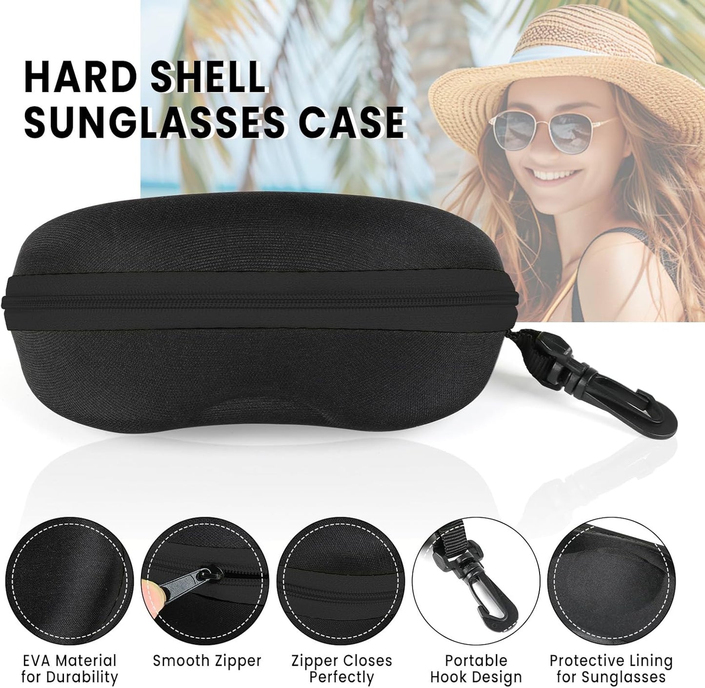 INNOLIFE Zipper Hard Shell Sunglasses Cases, Portable Travel Eyeglasses Cases with Plastic Hook for Men Women