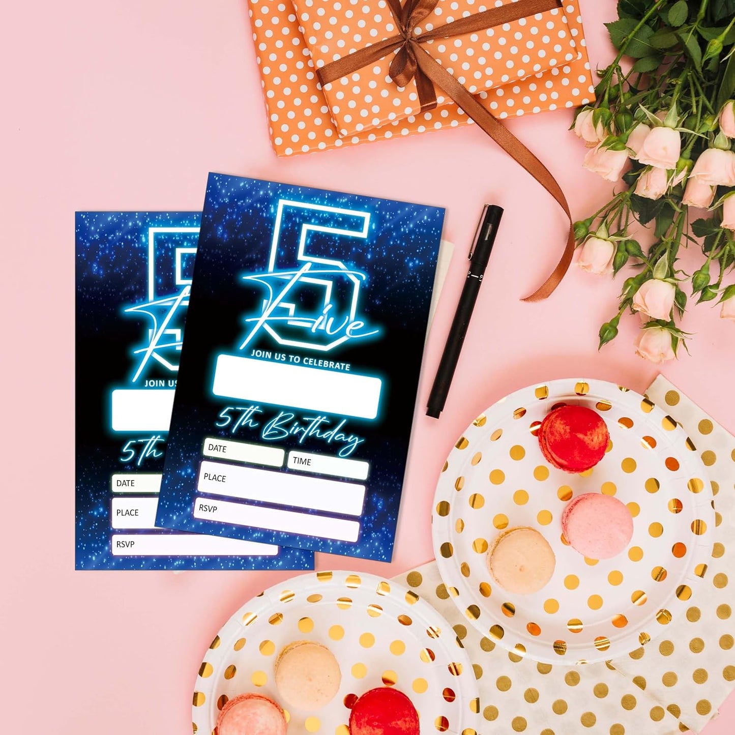 SIXEIGHT Blue 5th Birthday Invitations for Boys, Neon Glow Party Invitations for Girls Kids, 20 Pack Double Sided Invite Cards with Envelopes, 5th Glow Neon Birthday Party Decorations, 4x6 Inch-C05