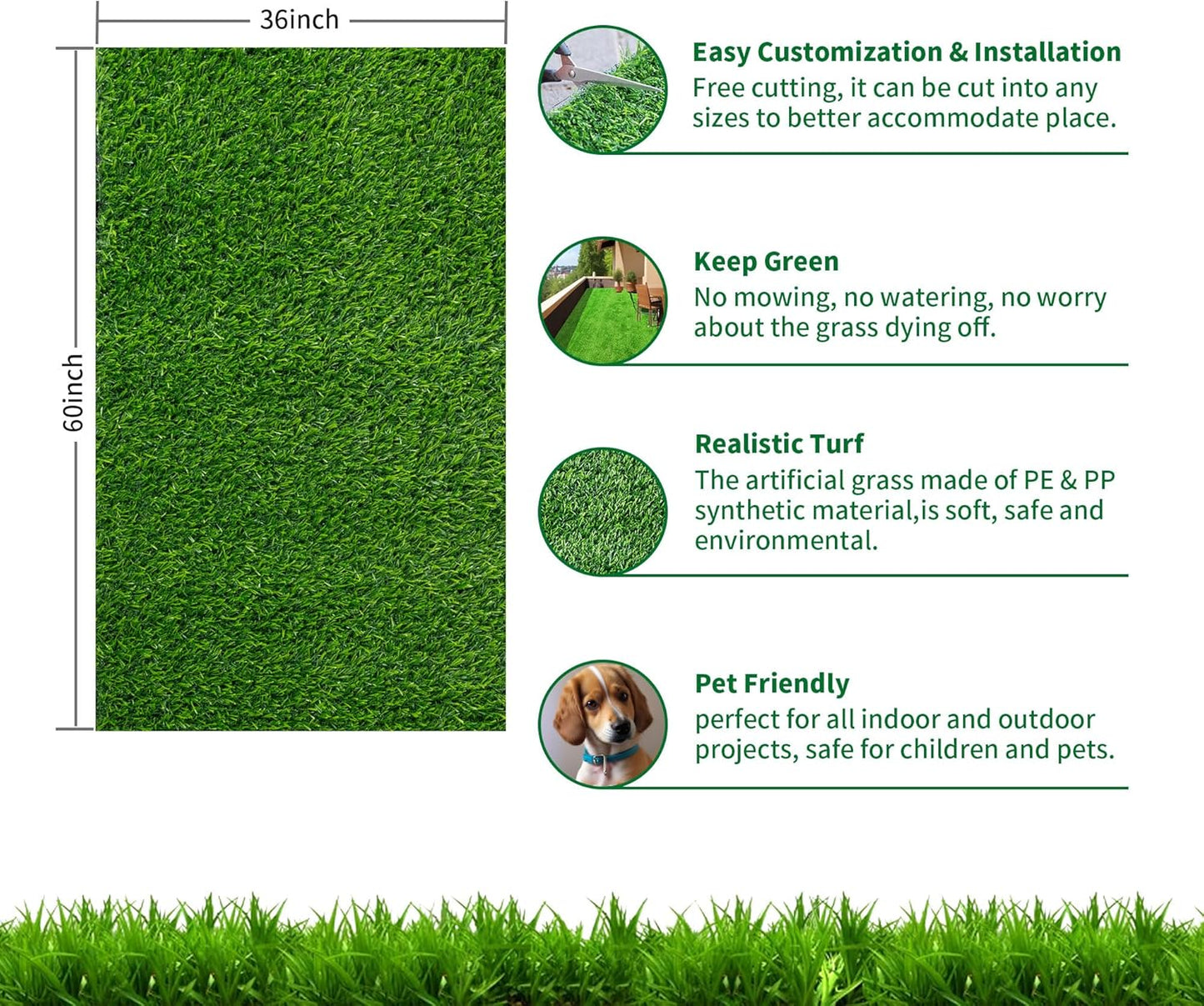 Artificial Grass Turf Mat, 4/5 Inch Indoor Outdoor Entrance Mat, Pet-Friendly Decoration, Easy to Clean (60” x 36”)