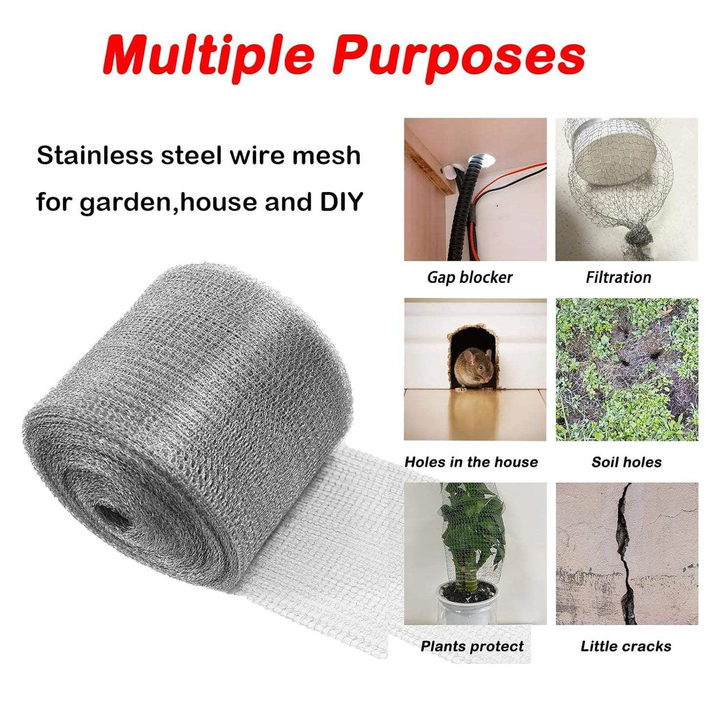 Wire Mesh Hole Fill Fabric 5 in X 103Ft, Weep Holes Filler and Covers, Upgraded Stainless Steel Wire Mesh Rool, Flexible Stretchy for Garden House and DIY, Mice Control Rodent Barrier Steel Wool