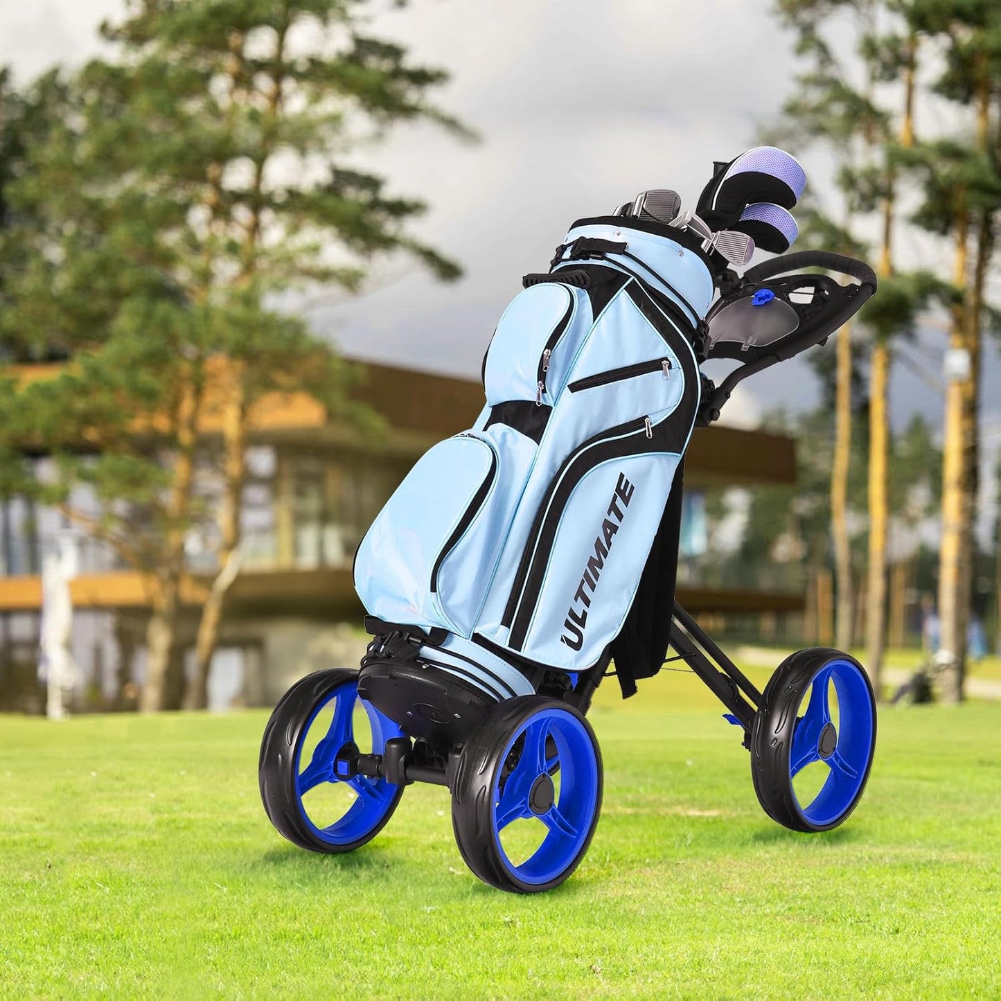 ULTIMATE 4 Wheel Golf Push Cart, Folding Golf Walking Cart w/Elastic Straps, Umbrella&Cup Holder, Scoreboard Storage, Lightweight Golf Trolley Cart w/Height Adjustable Handle&Foot Brake