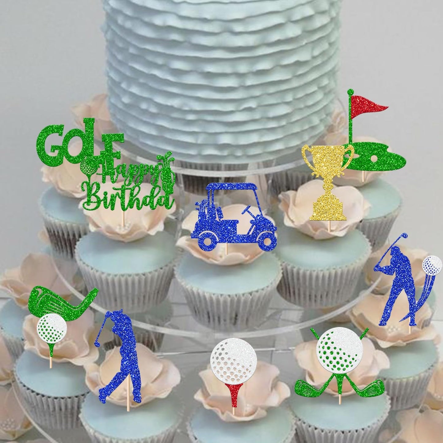 Rsstarxi 30 Pack Golf Cupcake Toppers Golf Ball Cupcake Picks Trophy Flag Ball Carts Cake Decorations for Sports Player Theme Baby Shower Boys Birthday Party Decortions Blue