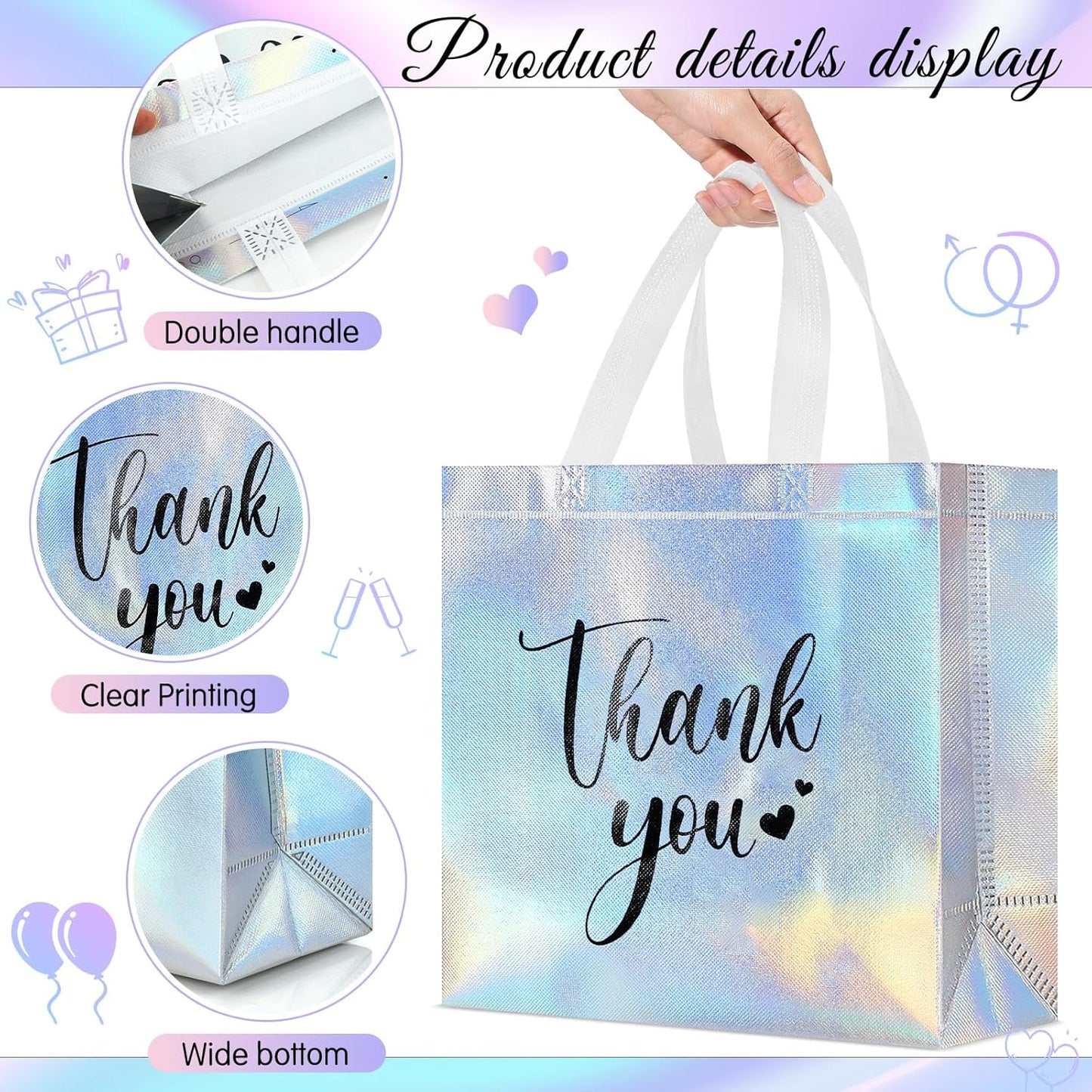 Sweetude 30 Pcs Thank You Gift Bags with Handles Bulk Reusable Goodie Bag Non Woven Foldable Handbag for Graduation Wedding Bridesmaid Gifts (11 x 12 x 5 Inch,Laser)