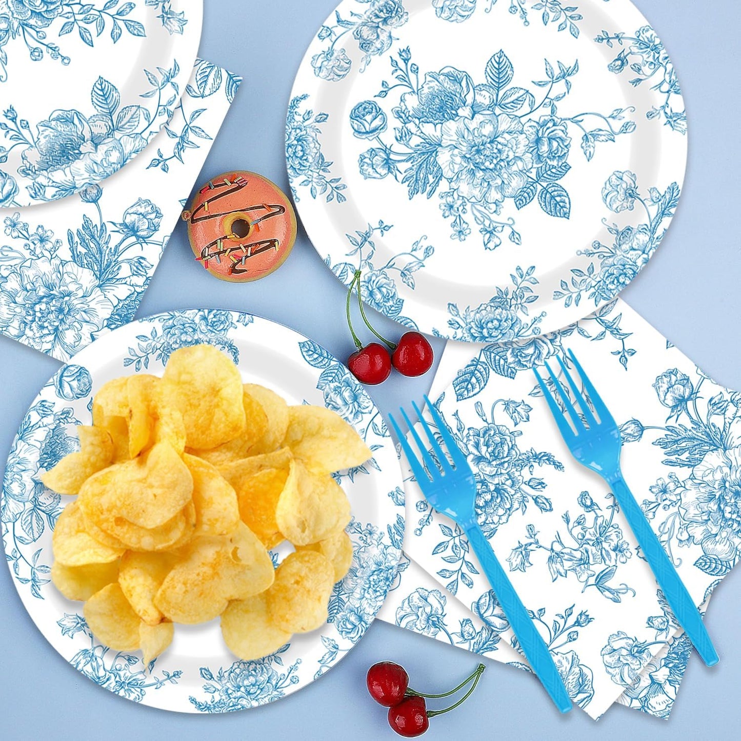 Blue Floral Birthday Decorations 48Pcs Blue and White Floral Theme Tableware Set Disposable Plates Napkins Forks Supplies for 16 Guest Baby Shower Wedding Party Decorations