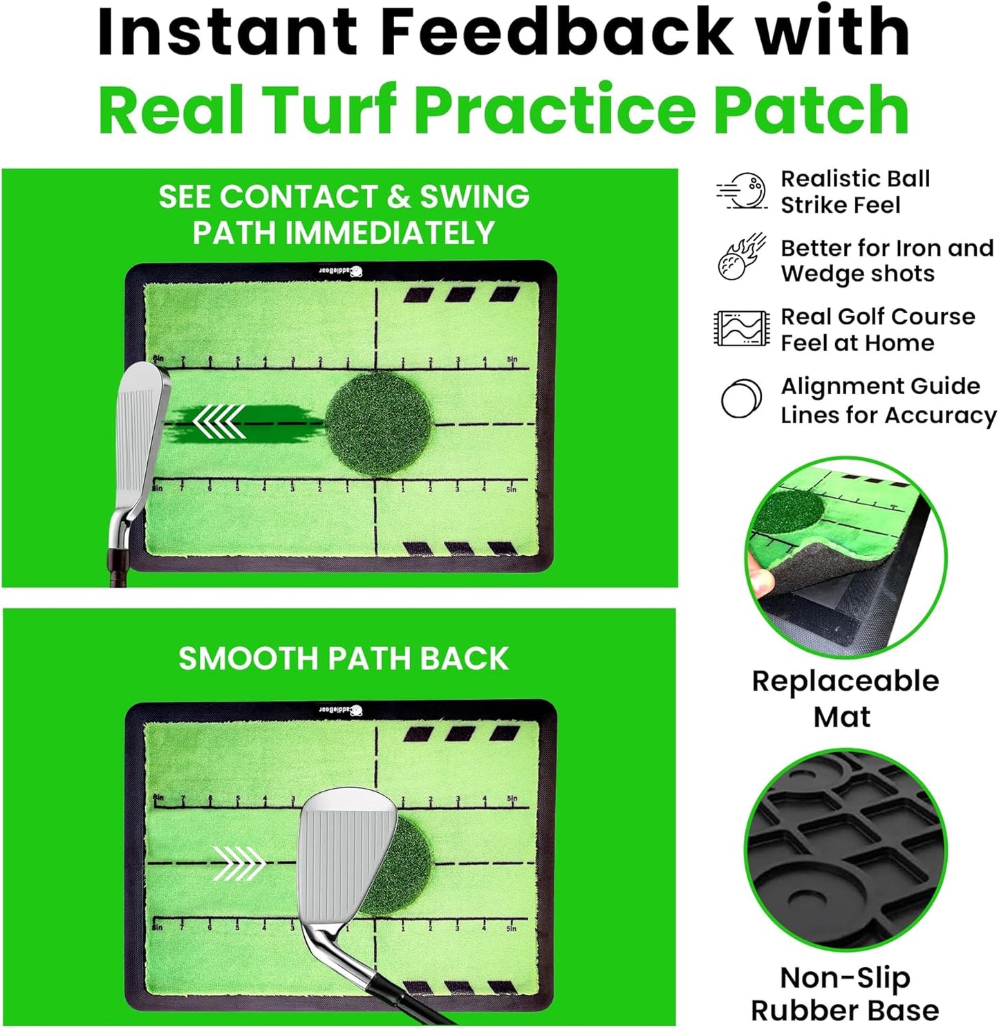 5-in-1 Golf Hitting Mat Set, Golf Accessories, Bag, Swing Path Feedback, Artificial Turf, Impact Tape, Arm Band & Replaceable Layer, Golf Mats Practice Outdoor/Indoor, Gifts for Golfers