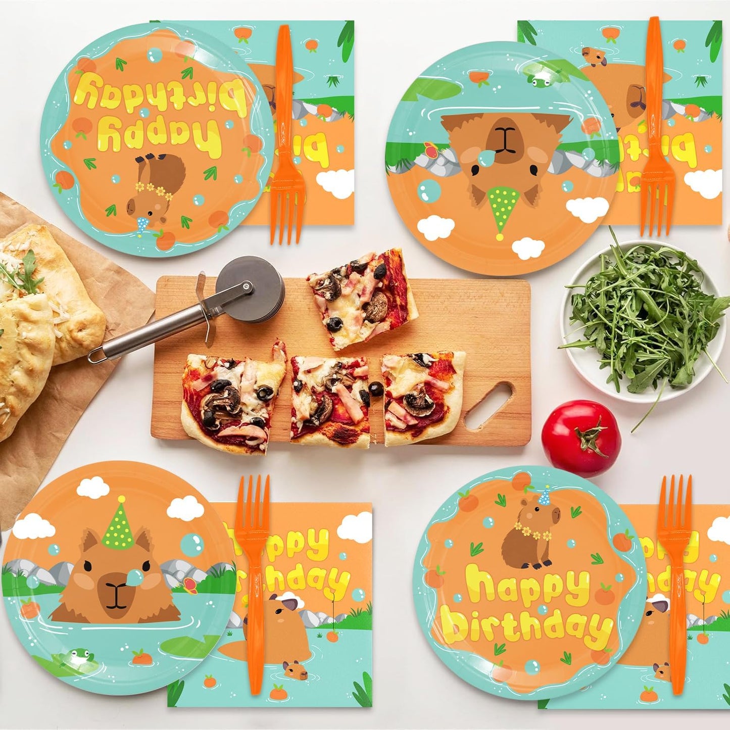 48Pcs Capybara Birthday Decorations Cartoon Capy Theme Baby Shower Plates and Napkins Forks Serves 16 Guests Capybara Birthday Party Decorations