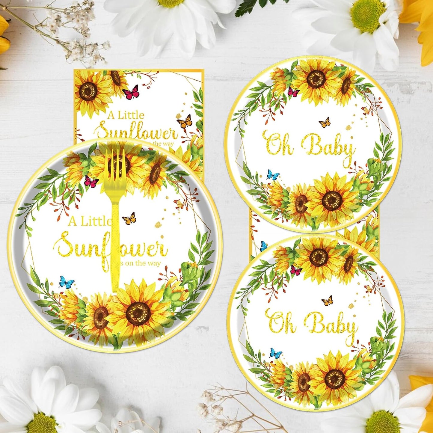 Rakuto Sunflower Baby Shower Decorations Supplies, 96PCS Disposable Paper Party Plates and Napkins Set, A little Sunflower is on the Way Tableware for Party Serves 24