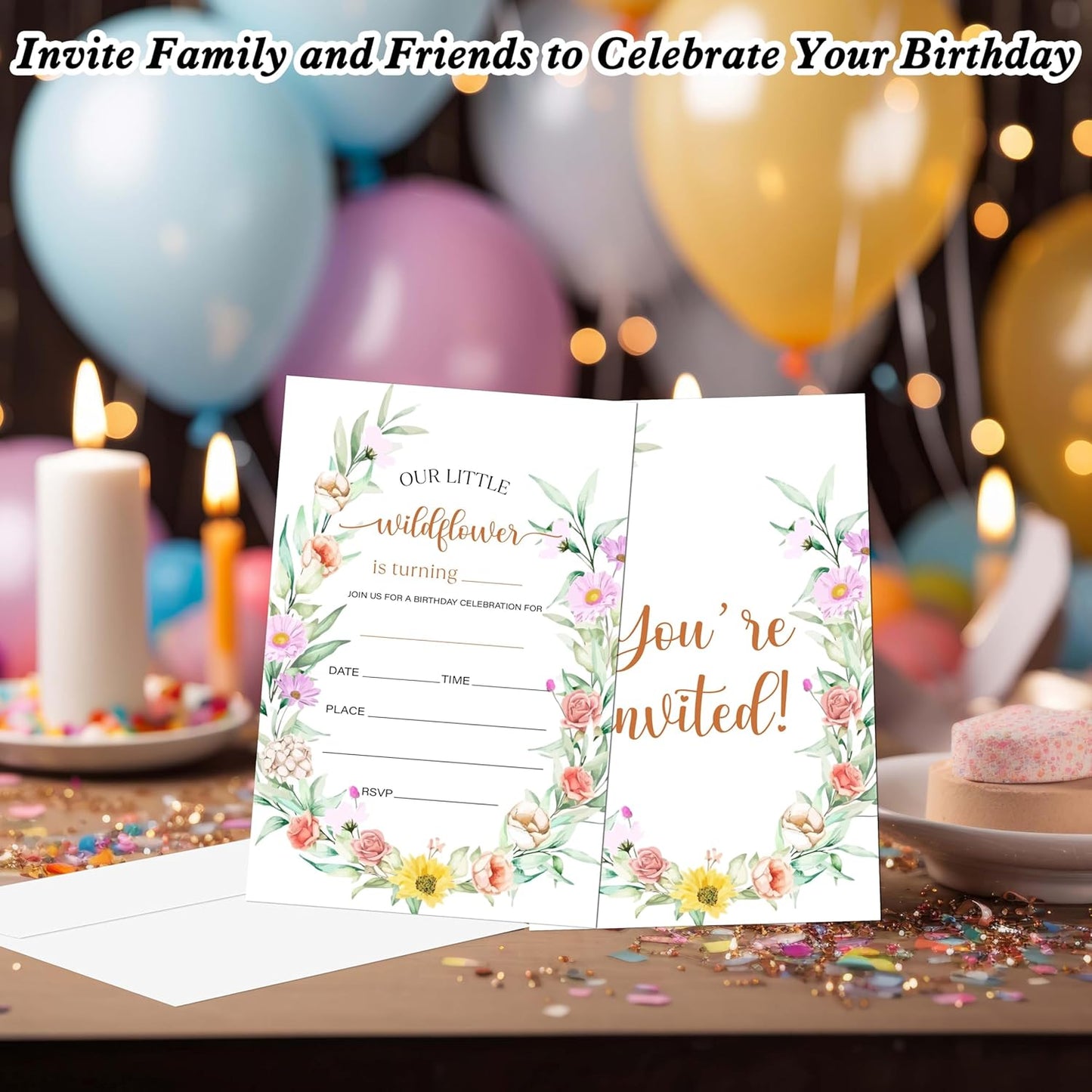 Birthday Invitations for Girls, 20 Flower Invitation Cards with Envelopes, Summer Floral Invites for Girl Party Decorations Favor Supplies - A02