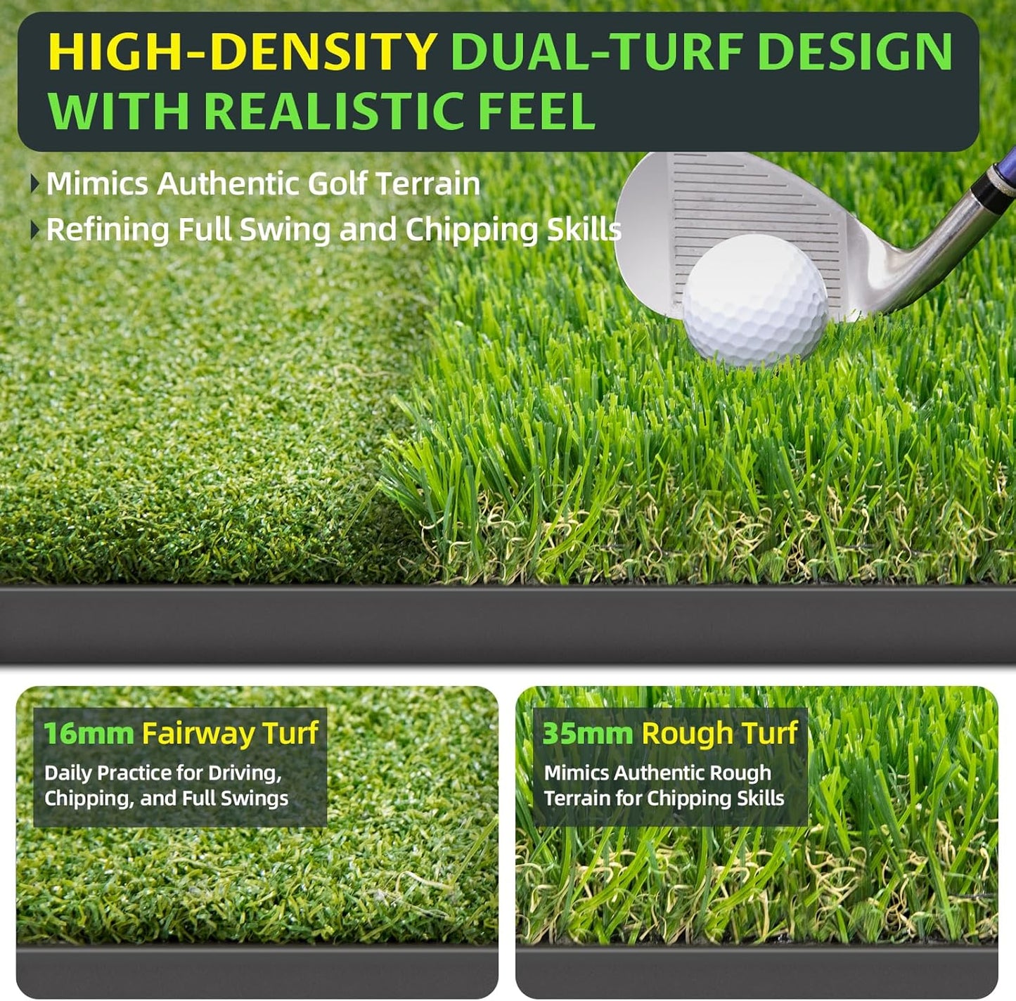Bltend Dual Turf Golf Mat 31mm: 5x5ft/5x4ft Heavy-Duty Golf Hitting Mats Practice Outdoor/Indoor, Elite Dense Artificial Turf Matt Training Aid for Garage/Simulators/Driving Range/Backyard