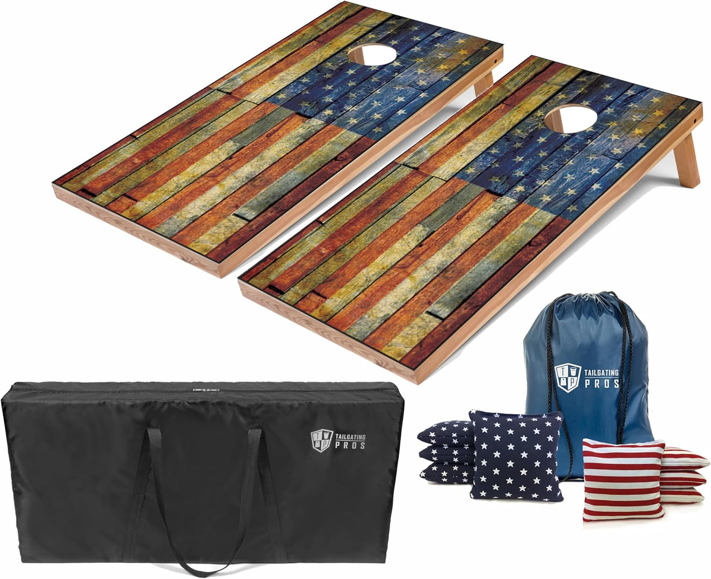 Tailgating Pros Cornhole Boards - 4'x2' Lightweight Regulation Flag & Patriotic Outdoor Themed Cornhole Game w/Carrying Case & Set of 8 Corn Hole Bean Bags w/Tote