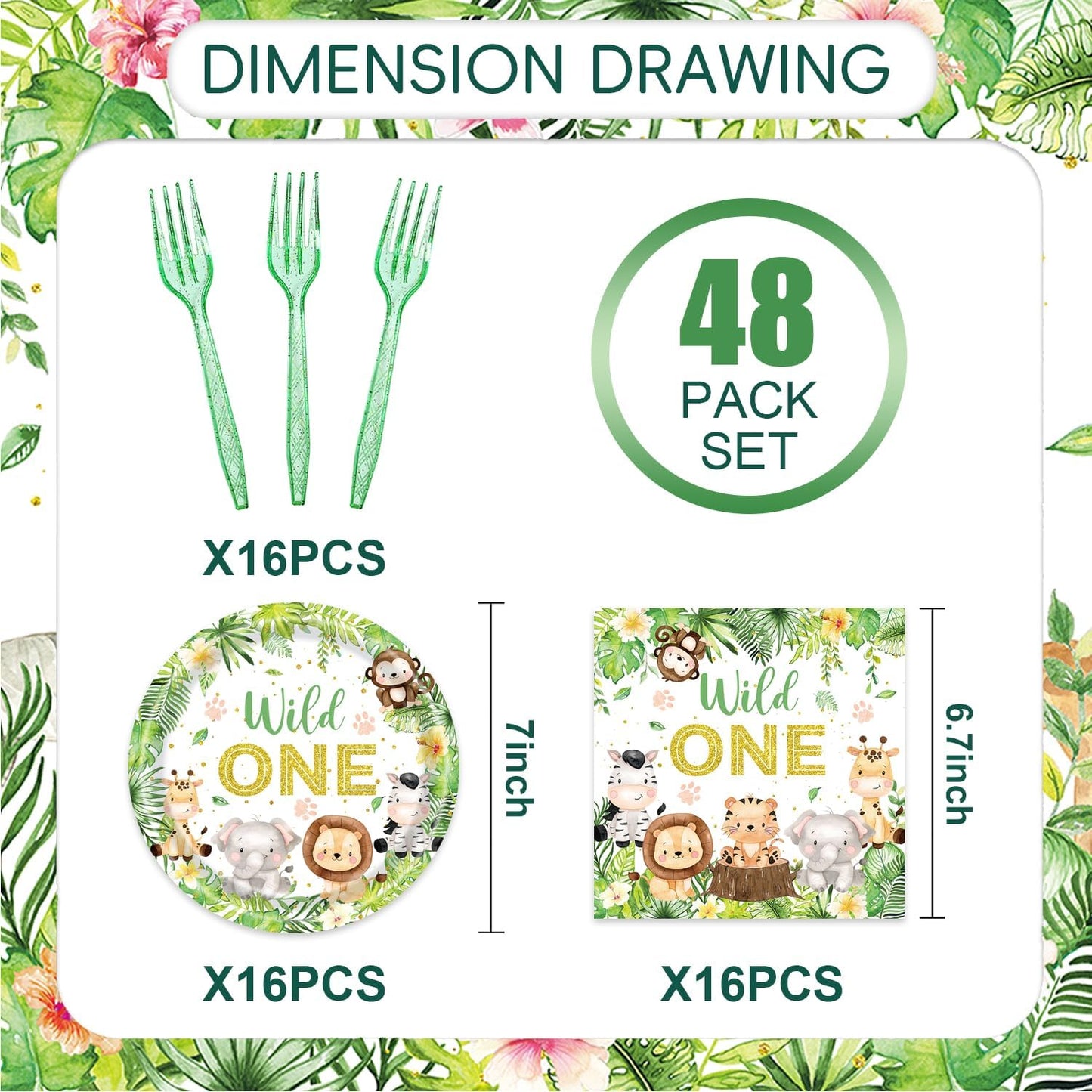 48Pcs Wild One Birthday Decorations Disposable Jungle Safari Plates and Napkins Forks Supplies Serves 16 1st Birthday Decorations Girl Boy