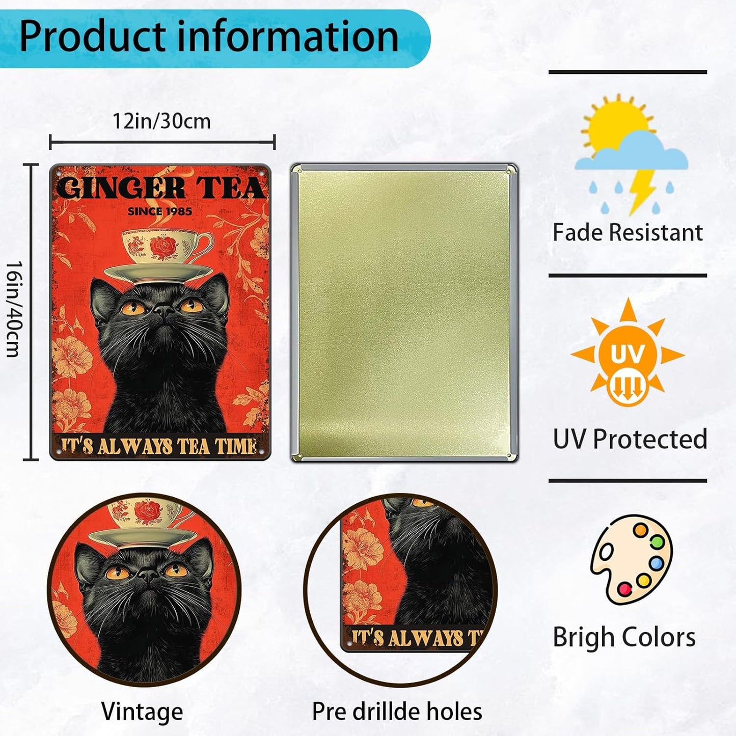 Funny Black Cat Tin Sign Ginger Tea It'S Always Tea Time Metal Sign Wall Decor For Home Cafe Bar Kitchen Poster 12x16 Inch