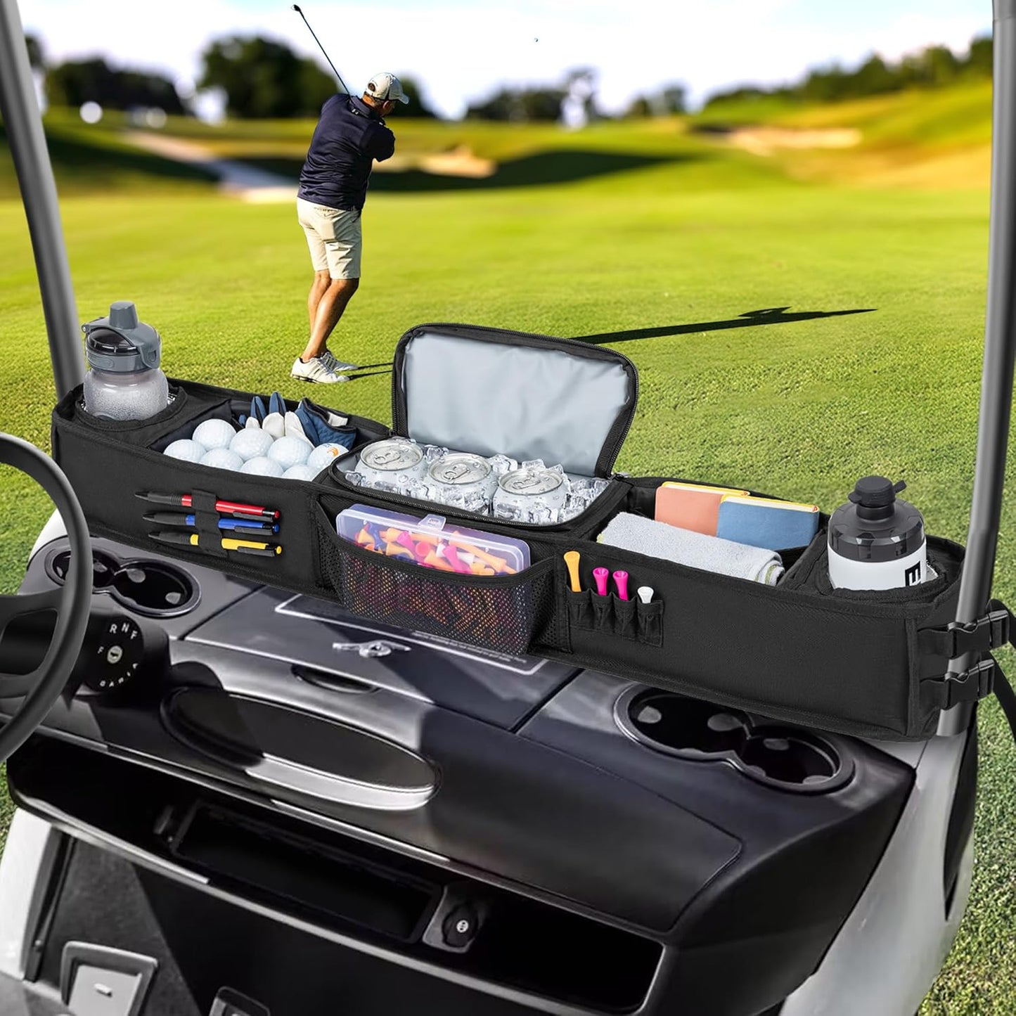 Golf Cart Storage Tray, No-Drilling Front Storage Basket Compatible with EZGO, Club Car, Kandi Golf Carts, Organizer with Cooling Compartment (Patent Design)