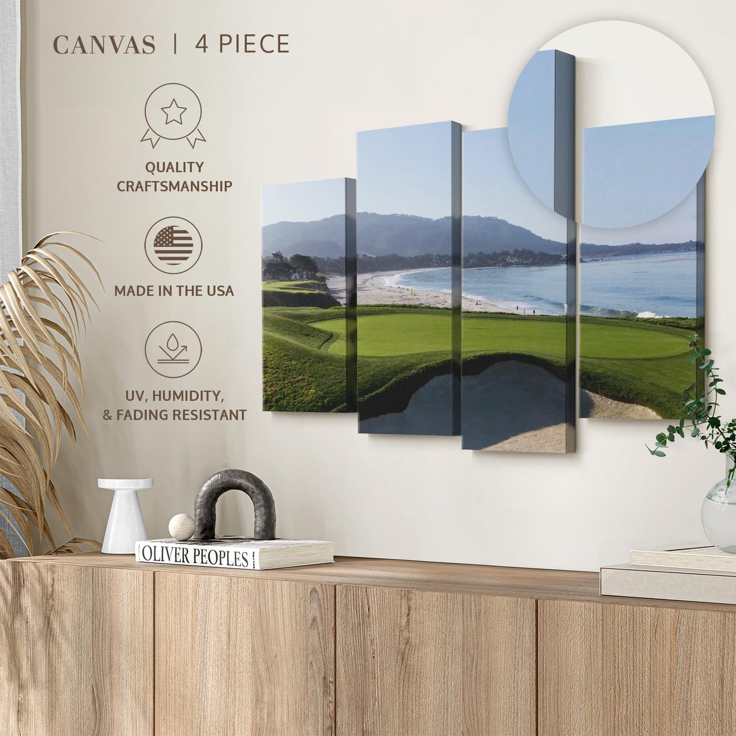 Elephant Stock Monterey CA Golf Course Wall Art - Horizontal Canvas - 4-Piece Living Room Wall Decor - Photography Sports Canvas Print - Blue and Green Decor for Wall - 68" X 42"