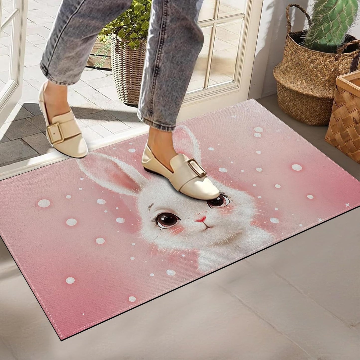 Cute Bunny Rabbit Indoor Doormat, Non-Woven Fabrics Non Slip Floor Mat 17x29.5 in Area Rug Quick Absorbent Entrance Rug Front Door Mat, Welcome Mats Entryway Rug Doormats for Kitchen Home Bedroom