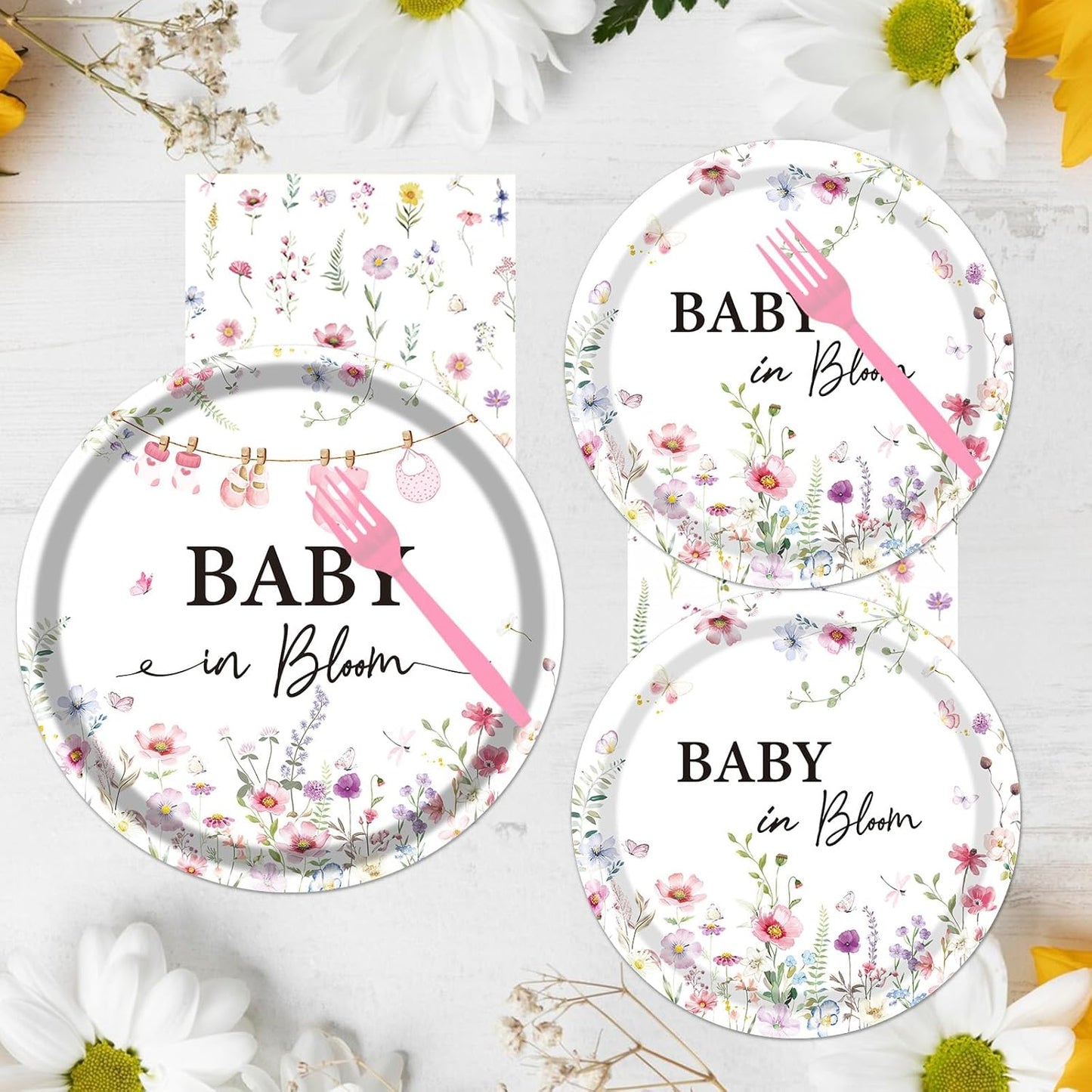 Rakuto Baby in Bloom Baby Shower Decorations Tableware Supplies, Wildflower Baby Shower Party Plates and Napkins Set, Disposable Paper Flower Dinnerware for Girls Serves 24