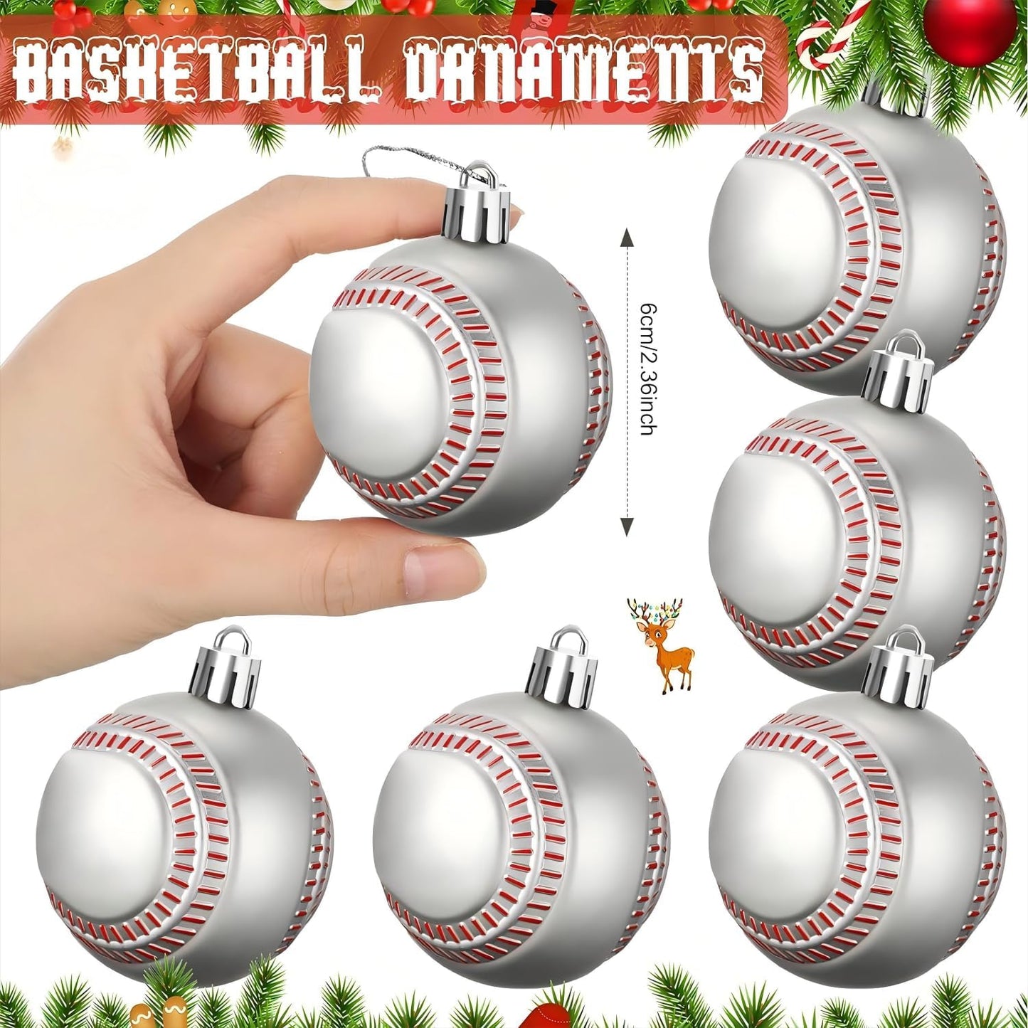 Leitee 12 Pcs Christmas Plastic Baseball 2.36 Inch Xmas Tree Ornaments with Hanging Loop Sports Theme Decorative Hanging Ornaments for Holiday Party Christmas Tree Home