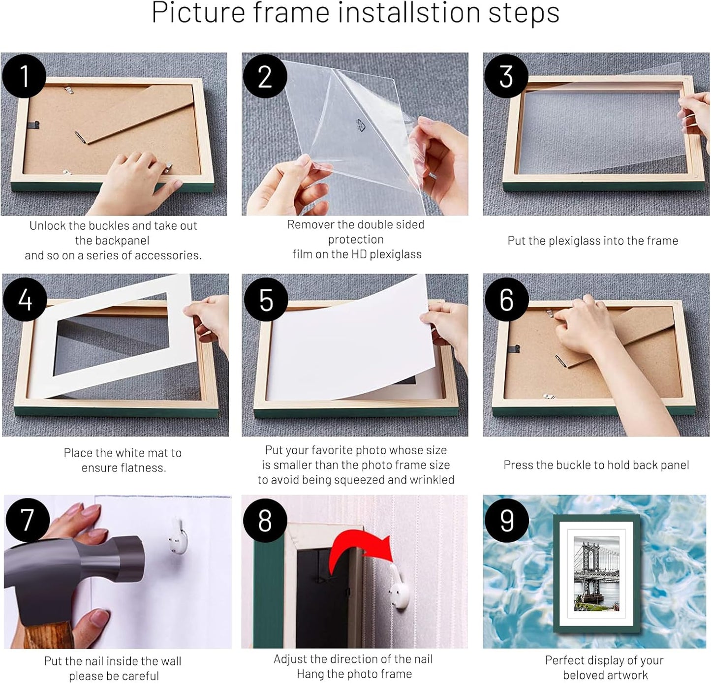 9x12 Picture Frames Solid Wood Display Pictures 6x8 or 5x7 with Mat or 9x12 Frame without Mat Poster Photo Frame Art with 2 Mats for Wall Mounting or Table Top(Dark Green)