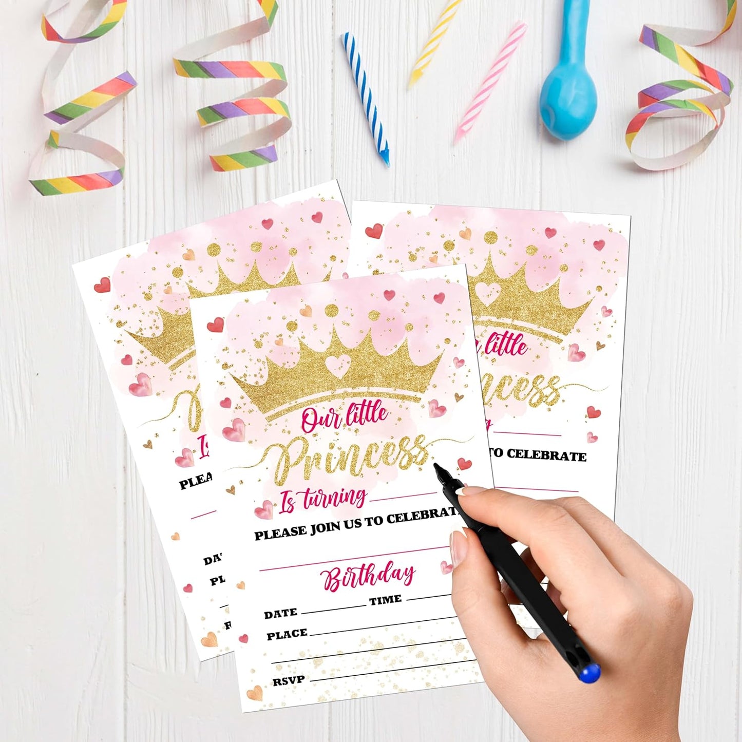 Princess Birthday Invitations, 20 Invitation Cards with Envelopes, Lovely Heart Invites for Girl Party Decorations Favor Supplies - A07