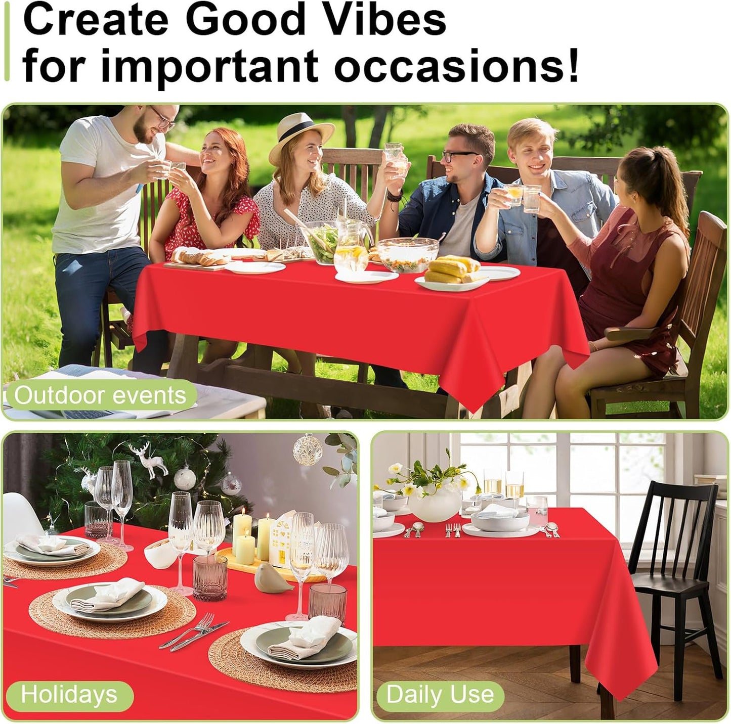 QIKSION Plastic Table Cloth Disposable 6 Pack, 54 x 108 Inch Tablecloths for Rectangle Tables, Red Plastic Table Cover