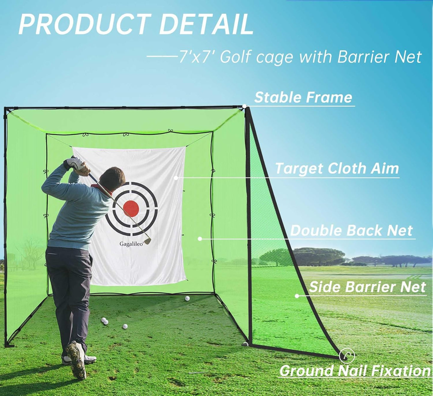 Gagalileo Golf Cage Net with Steel Frame and Target: 7X7X7FT Heavy Duty Practice Net for Backyard Driving & Indoor Driving Range Outdoor Training