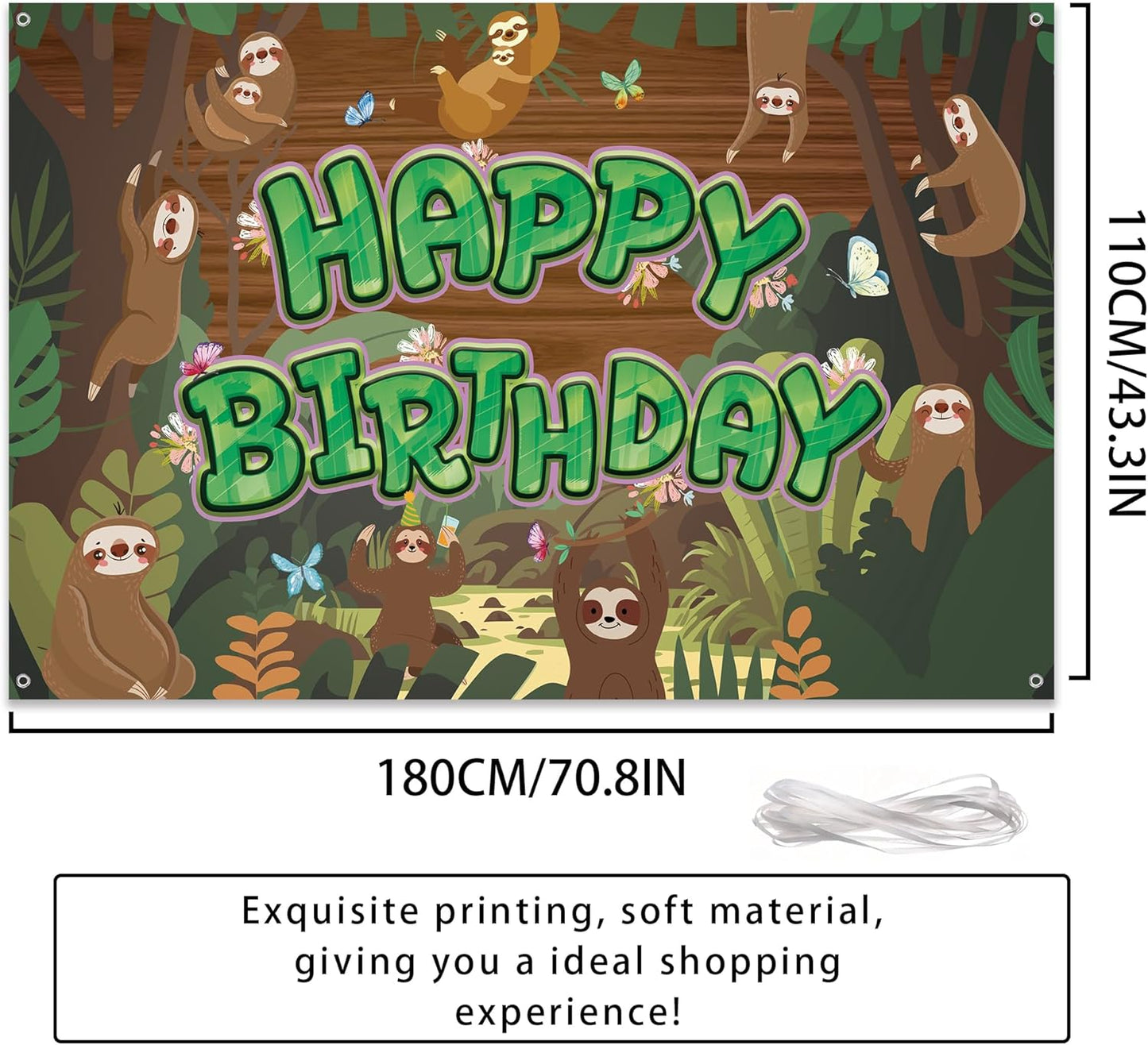Sloth Happy Birthday Backdrop Banner - Cute Sloth Themed Birthday Photo Background with Tropical Leaves, Jungle Rainforest Cute Animal Party Decorations for Kids Boys Girls