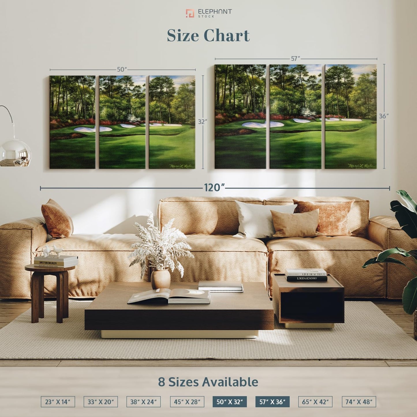ElephantStock Augusta National 13th Hole I Wall Art - Horizontal Canvas - 3-Piece Living Room Wall Decor - Painting Sports Canvas Print - Green and Red Decor for Wall by Marci Rule - 50" X 32"