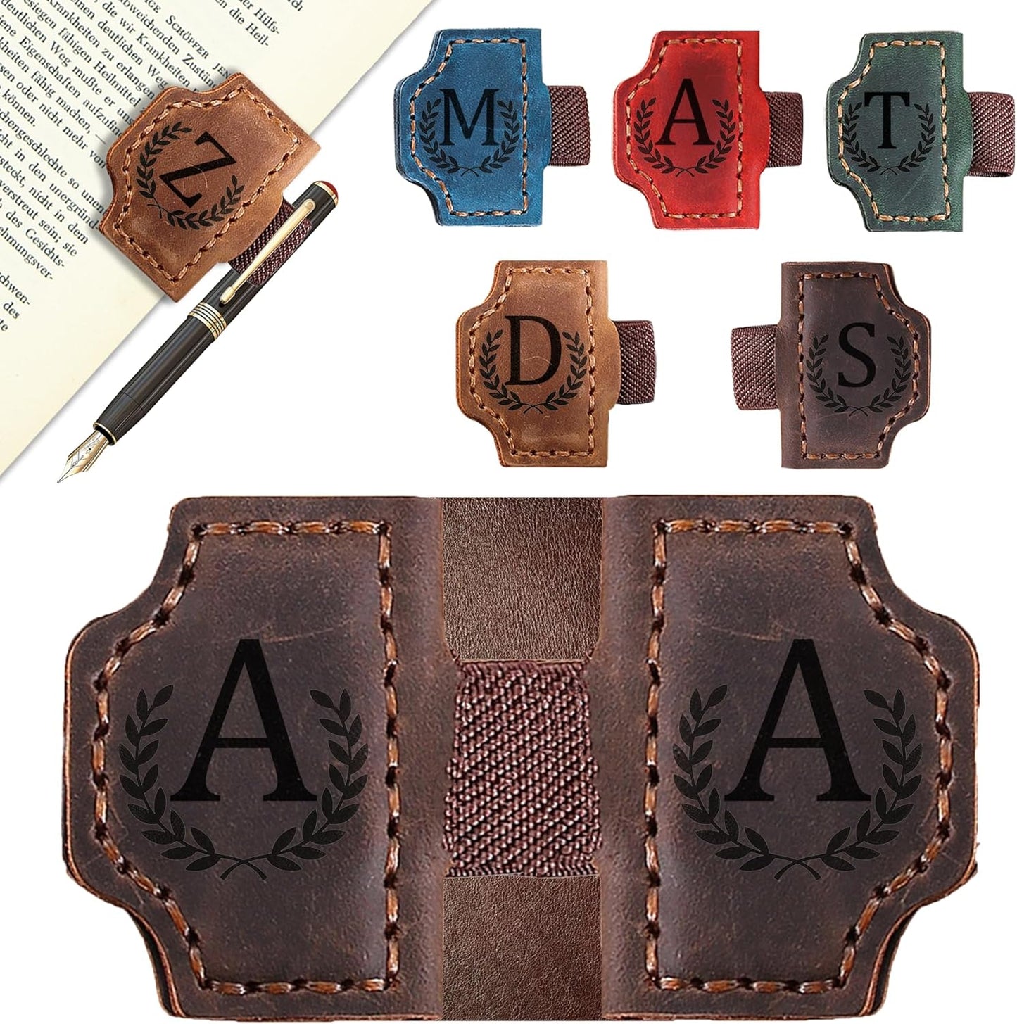 Bygone Mark Bookmark with Pen Holder, 26 Letters Name Initial Personalized Magnetic Bookmarks, Leather Book Mark for Men Women, Travelers Accessories, Teachers Readers Book Lovers Gifts (Coffee, A)
