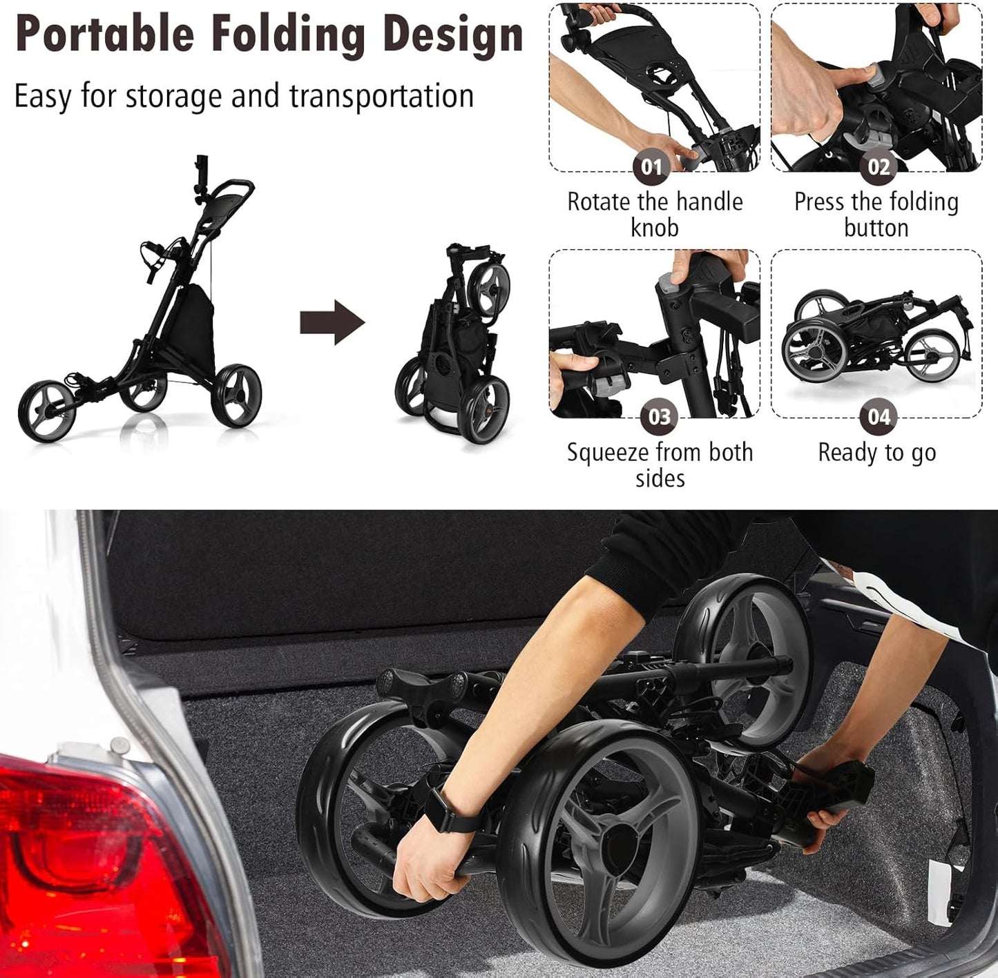 ULTIMATE 3 Wheel Golf Push Cart, Aluminum Folding Golf Walking Push Cart w/Elastic Strap, Umbrella & Cup Holder, Scoreboard Storage, Insulated Storage Bag, Adjustable Handle & Foot Brake