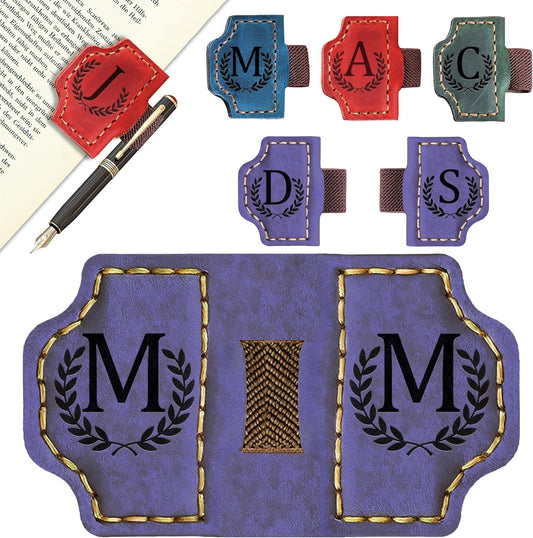 Bygone Mark Bookmark with Pen Holder, 26 Letters Name Initial Personalized Magnetic Bookmarks, Leather Book Mark for Men Women, Travelers Accessories, Teachers Readers Book Lovers Gifts (Purple, M)