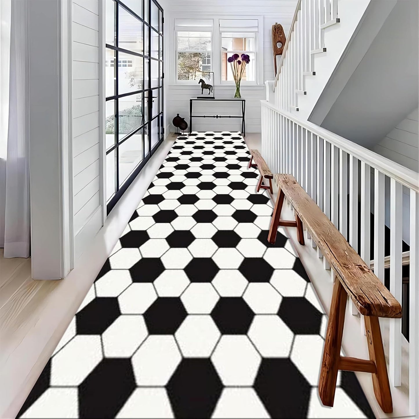 Football Pattern Runner Rugs for Hallway, 2.6x10ft, Black White Geometric Entrance Rug, Machine Washable High Traffic Rug, with Non Slip Backing Absorbent Carpet for Entryway Living Room