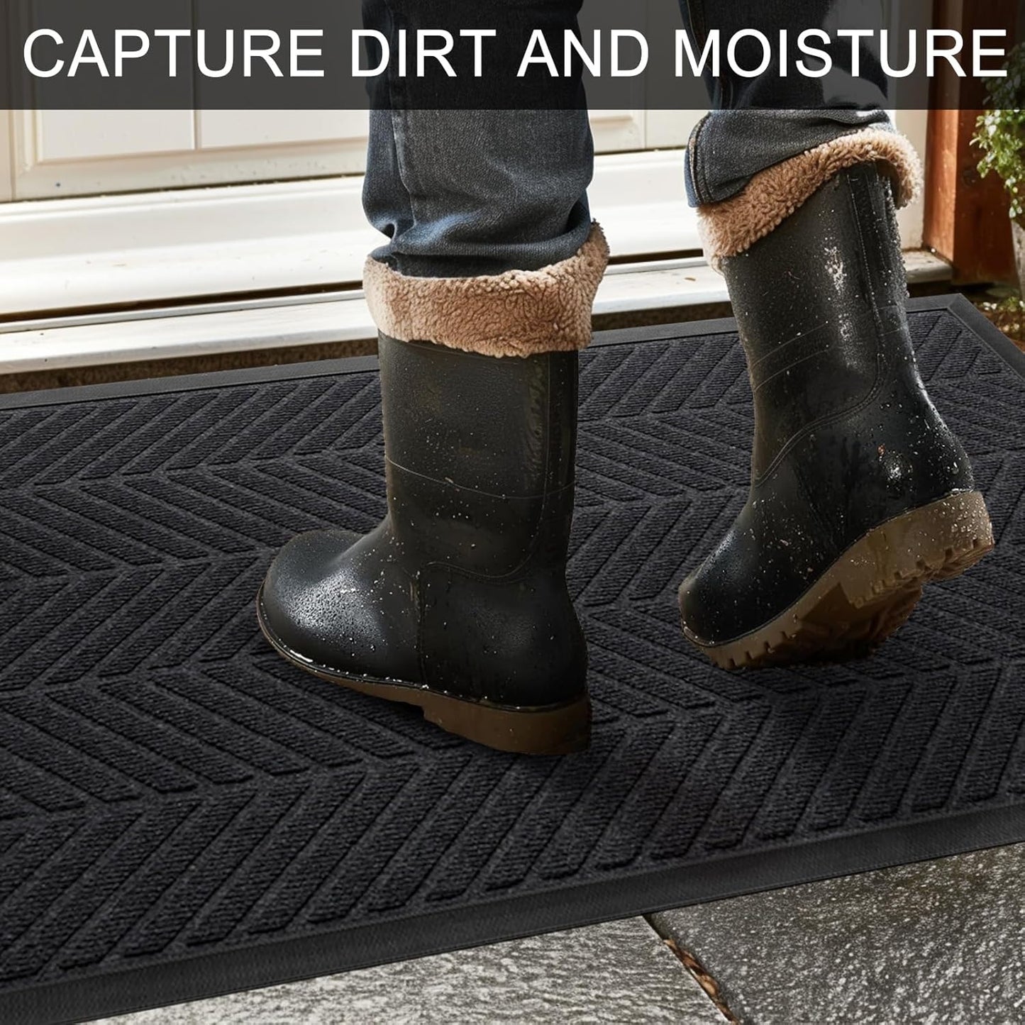 Front Door Mat 29.5"x17" Indoors Outdoors Welcome Mats, Waterproof Non-Slip Rubber Backing Heavy Duty Doormat Outside Entrance, Low Profile Entryway Rugs Floor Mat for Patio, Pattern A Black