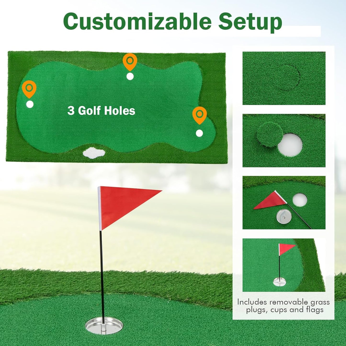 Tangkula 10 FT Golf Putting Green, Large Professional Golf Training Mat with Realistic Artificial Grass Turf, 3 Holes, 3 Flags and Cups for Indoor Outdoor Putting Practice