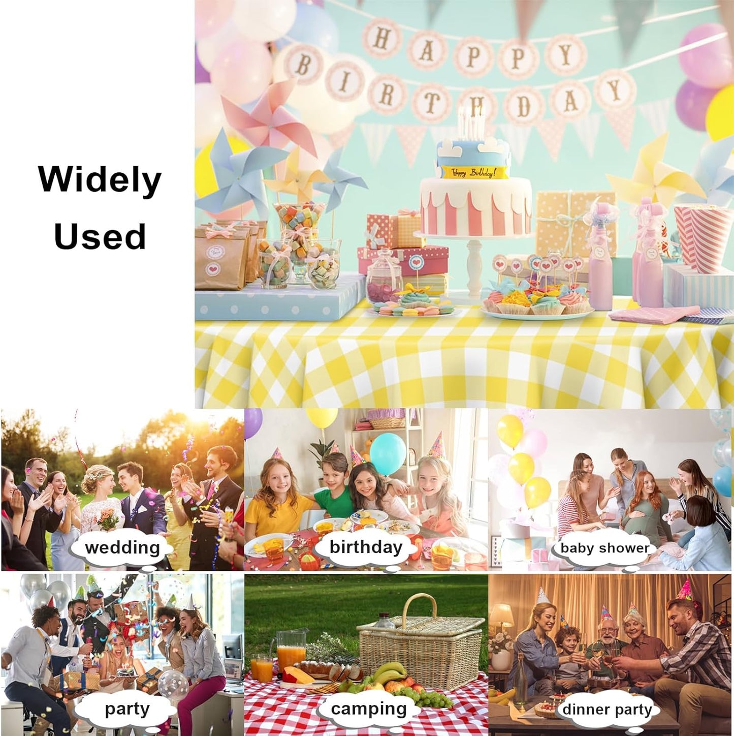 6 Pack Yellow and White Checkered Tablecloth, Round Yellow Gingham Plastic Table Cloths for Parties Disposable, 84x84 in Waterproof Camping Tablecloth for Birthday Party Baby Shower Picnic School