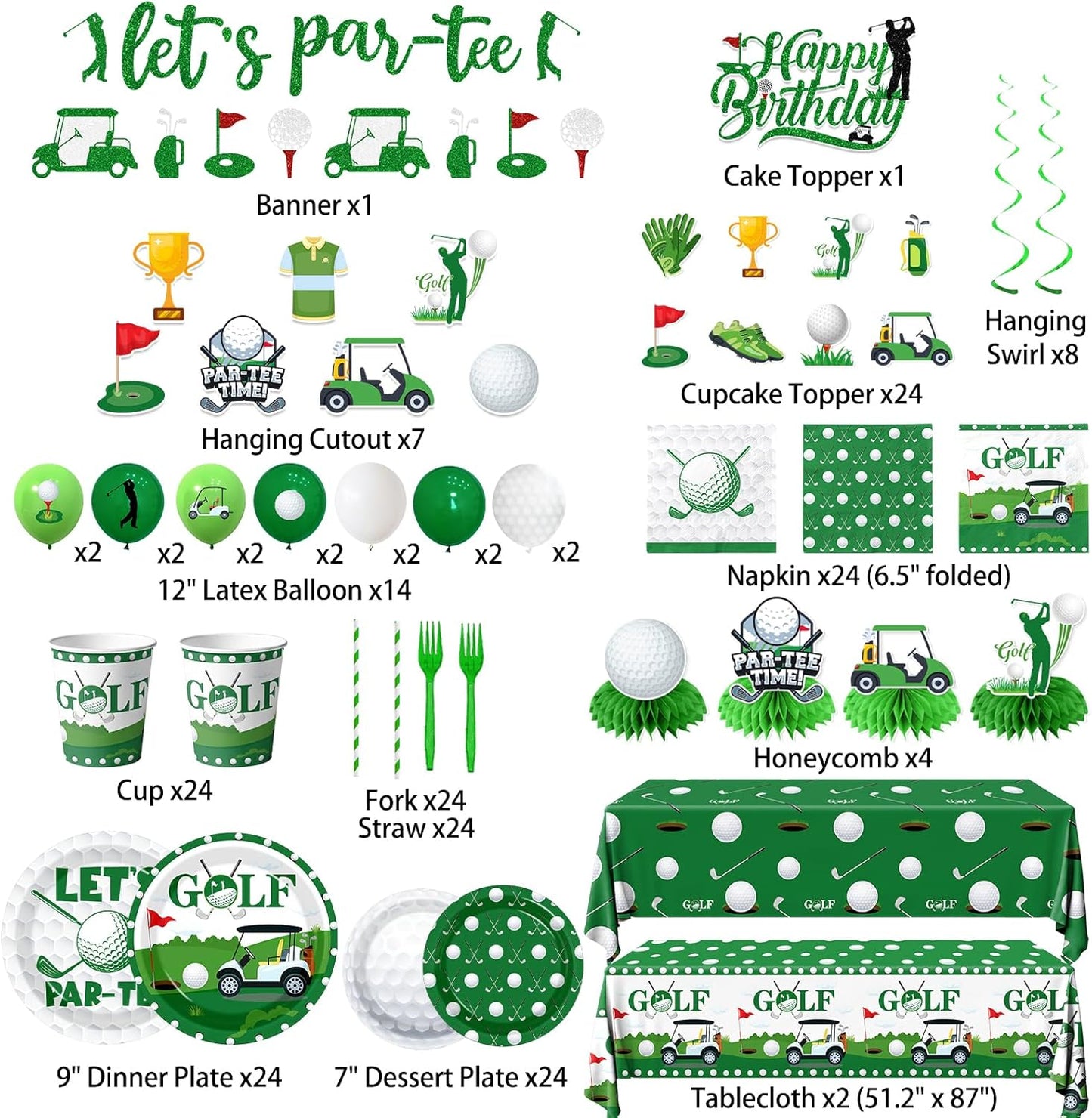 Golf Party Decorations, All-in-1 Golf Birthday Decorations with Balloons Let's Par-Tee Plates Napkins Cake Toppers Honeycombs Tablecloths and Banner for Sports Themed Birthday Baby Shower, Serve 24