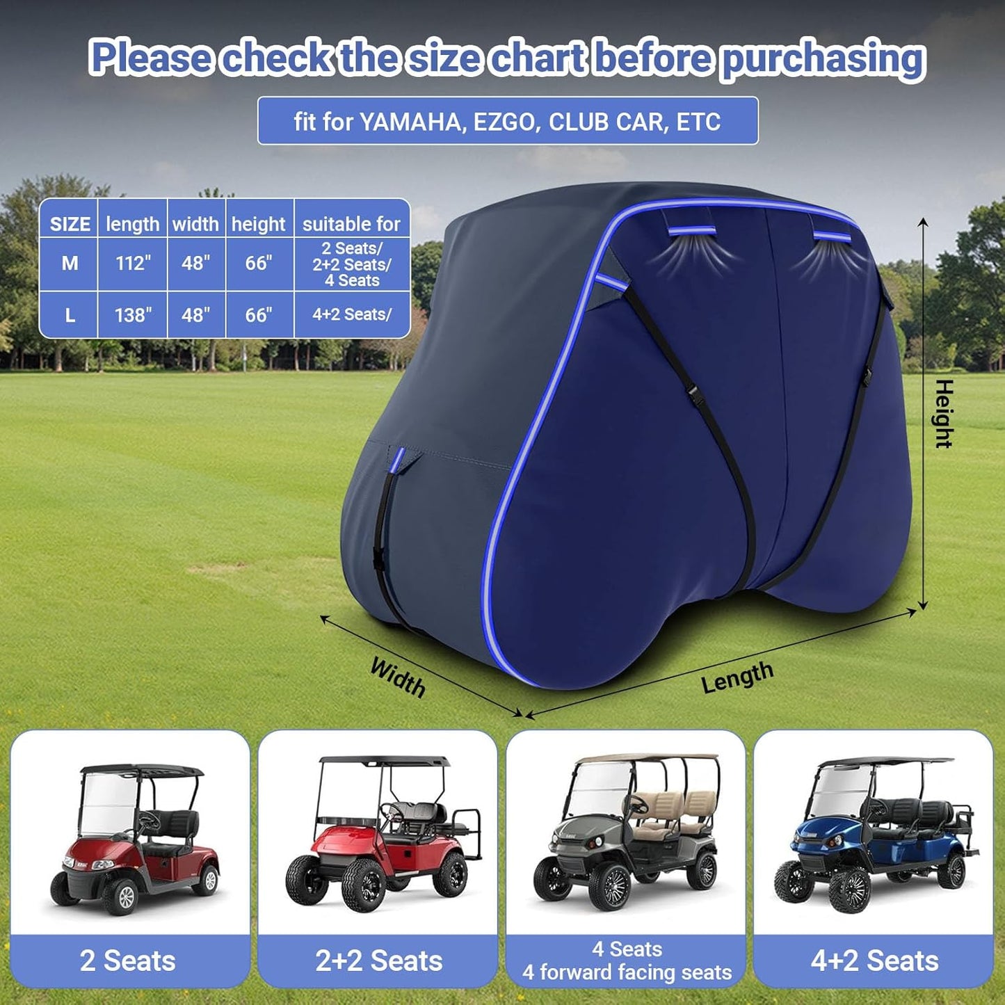 Golf Cart Cover Suitable 2+2/4 Passenger for Yamaha/EZGO Club Cart Heavy Duty 420D Waterproof Windproof Golf Cart Cover All-Weather Protection with Zipper Door Blue/Gray