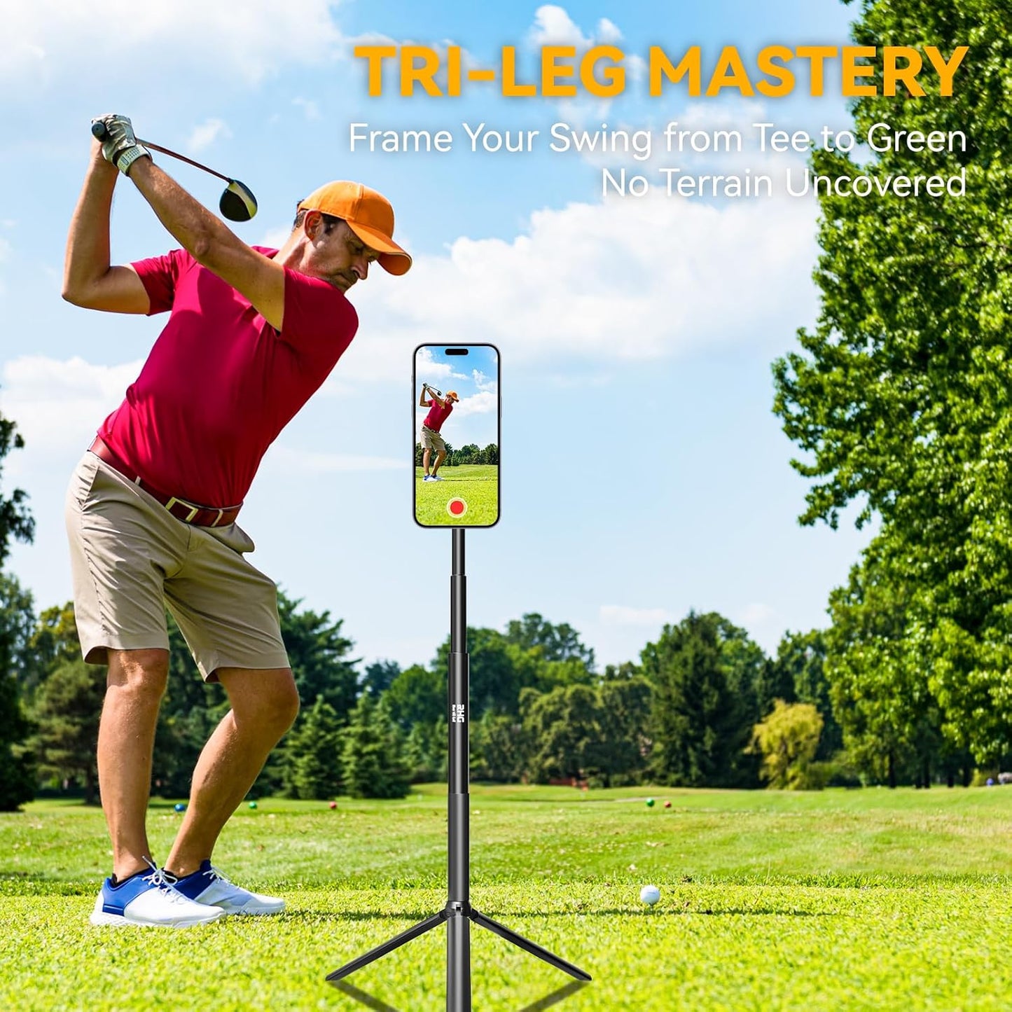 Golf Monopod Stick, Golf Swing Phone Holder, 46" Magnetic Aluminum Alloy Selfie Stick w/Tri-Leg Tripod Base Spike Stake Mount, Compatible w/iPhone Camera Magsafe, Golf Training Aid