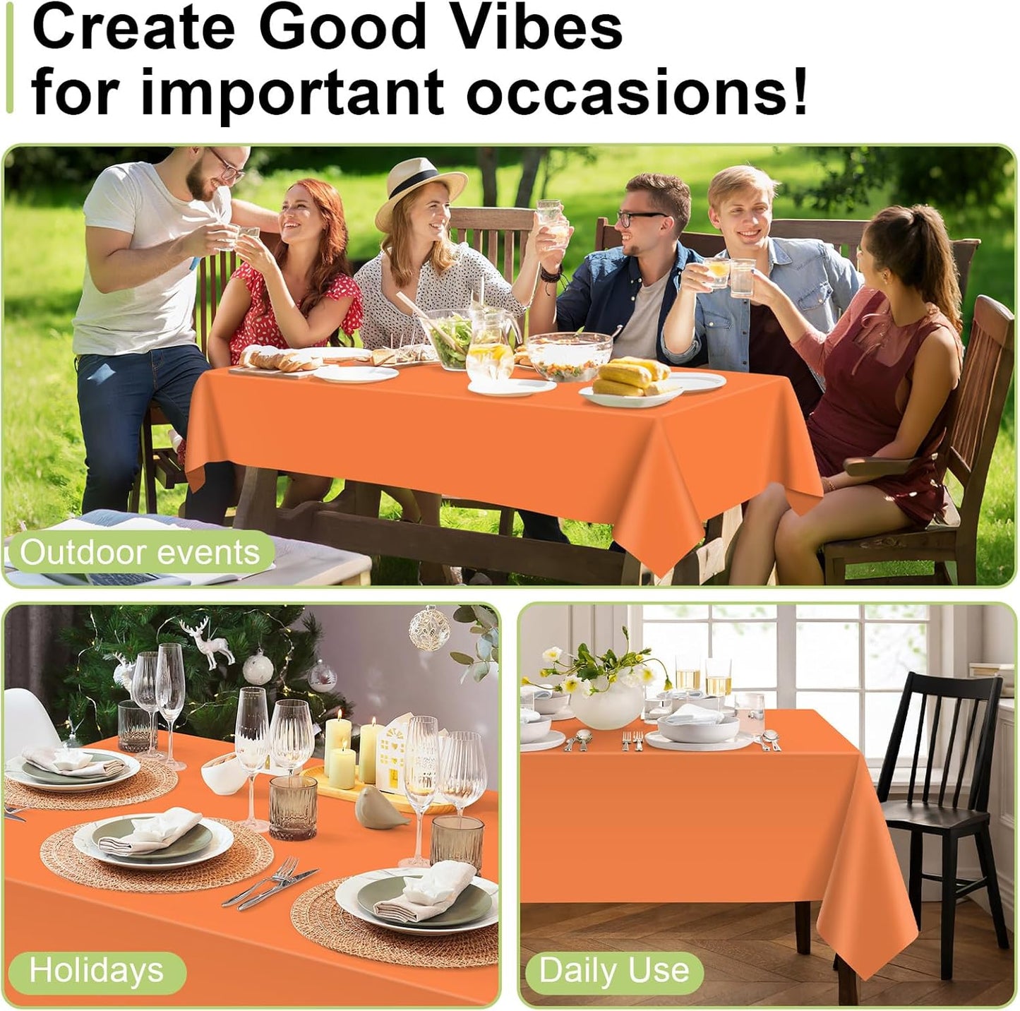 QIKSION Plastic Table Cloth Disposable 3 Pack, 54 x 108 Inch Tablecloths for Rectangle Tables, Orange Plastic Table Cover