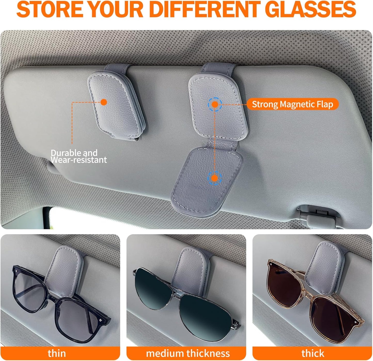 Sunglasses Holders for Car Sun Visor, 2pack Magnetic Leather Glasses Eyeglass Hanger Clip for Car, Ticket Business Card Clip Eyeglasses Mount Car Visor Accessories (Grey)