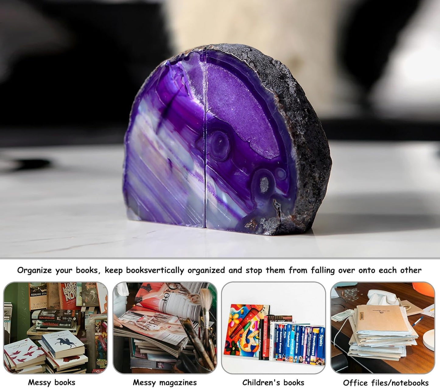 AMOYSTONE Purple Agate Bookends, Minimalist Book Holder for Heavy Books, Book Ends 4-6 LBS Stylish Bookends for Shelves, Office Table, and Home Decor