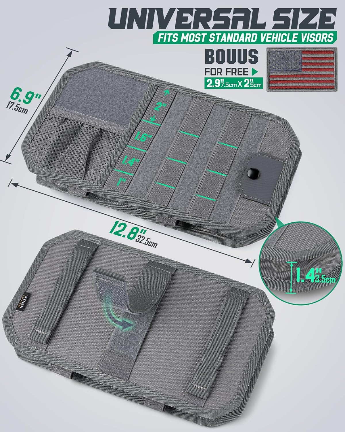 LIVANS Tactical Car Sun Visor Organizer, Automotive Semi-Rigid MOLLE Panel with Zipper Storage Pouch & Glasses Clip, Universal Fit for Trucks, SUVs, Jeeps & Patrol Vehicles (Gray)