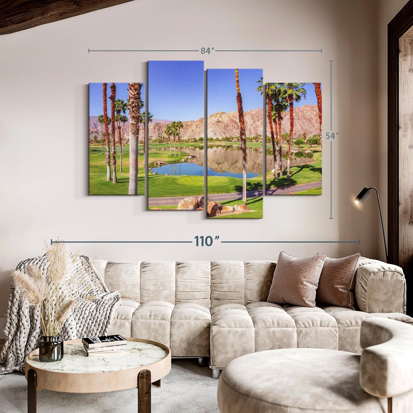 Elephant Stock La Quinta Golf Course Wall Art - Horizontal Canvas - 4-Piece Living Room Wall Decor - Photography Sports Canvas Print - Beige and Brown Decor for Wall - 84" X 54"