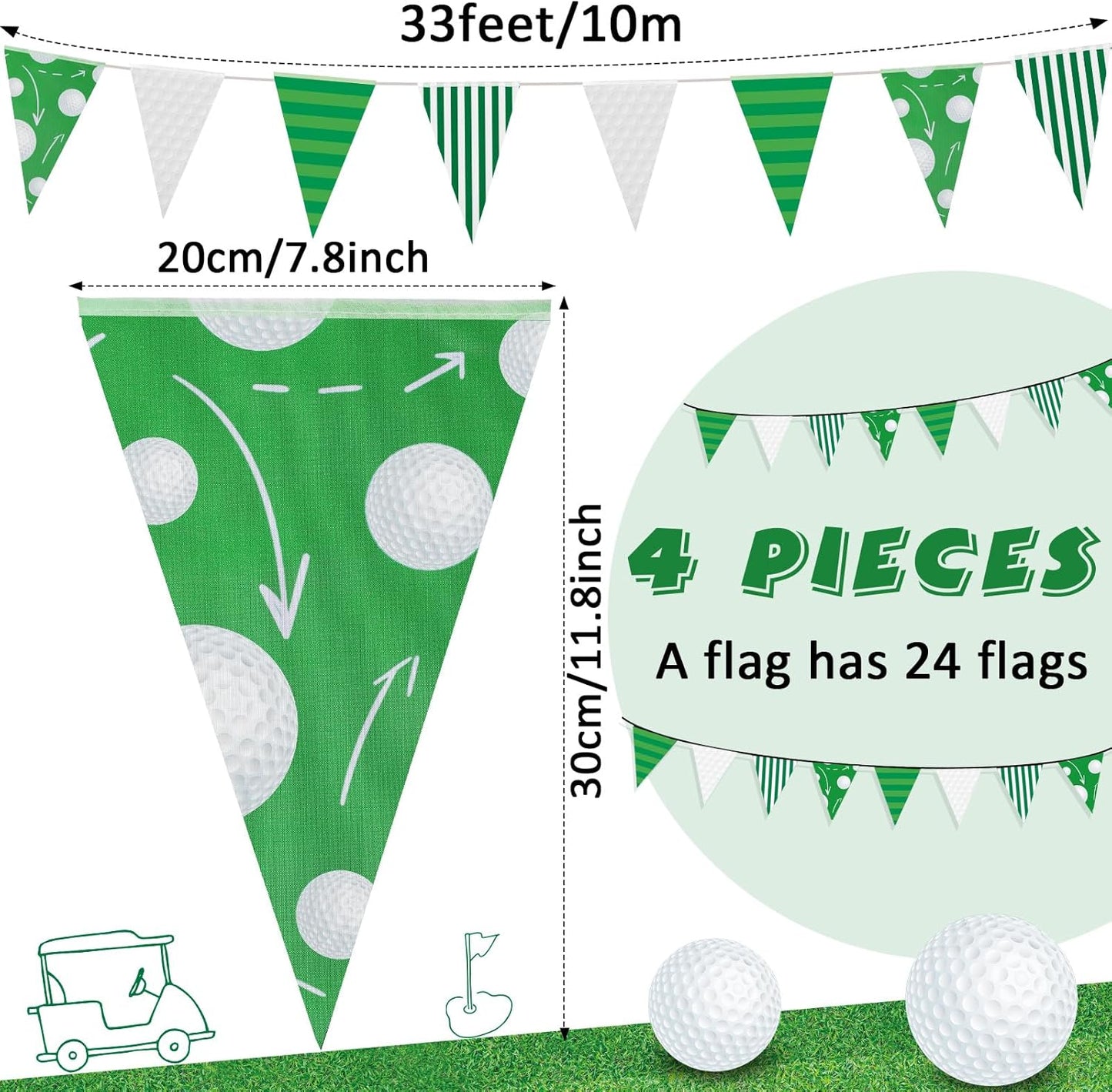 VitalCozy 4 Pcs 131 ft Golf Ball Pennant Banners Party Decorations American Golf Ball Theme Triangle Flags Garland Bunting for Birthday Camp BBQ Party Supplies Home Outdoor Hanging Decor