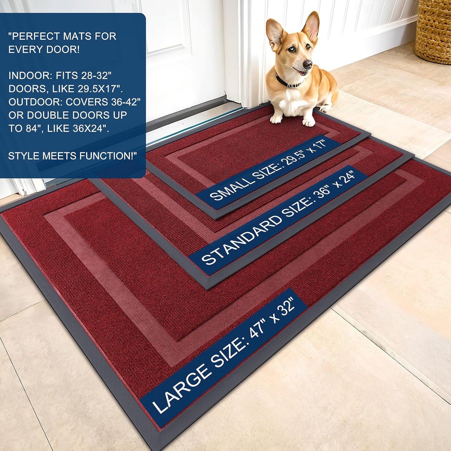 OLANLY Front Door Mat Indoor Outdoor Entrance, Waterproof All-Season, All-Weather Doormat, Sturdy Natural Rubber, Fade Resistant, Low Profile, Easy Clean Patio Porch Entryway Mat, 71x47, Wine Red