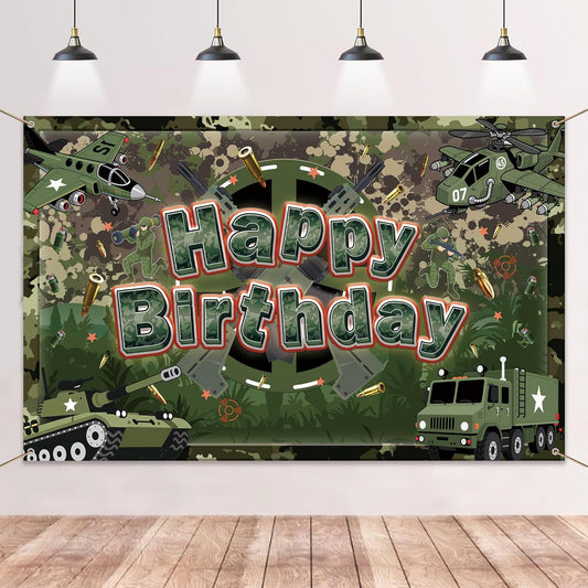 Army Camo Happy Birthday Backdrop Banner - Camouflage Military Theme Party Decorations, Large Vinyl Photo Background for Army Birthday Party Supplies 7x5 FT (71x43 In)