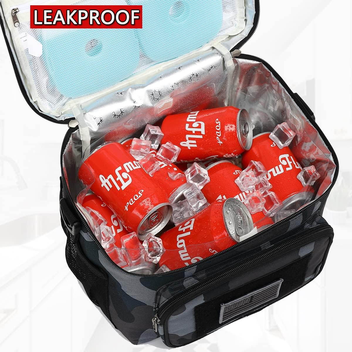 FlowFly Lunch Bag, Insulated Cooler, Thermal Lunch Box Tote with MOLLE/PALS Webbing, Adjustable Padded Shoulder Strap, for Tactical Men Women Adults and Boys Girls Kids (Black#Camo, Large)