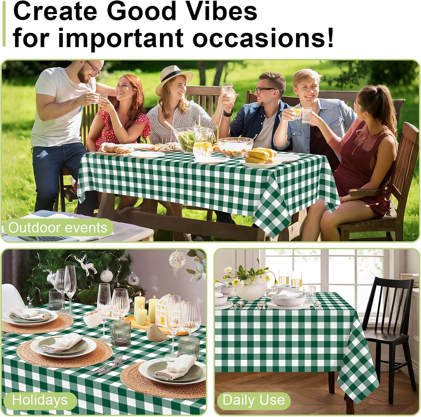 QIKSION Green Gingham Tablecloth Disposable 12 Pack, 54 x 108 Inch Green and White Checkered Table Cloth for Rectangle Tables, Plastic Table Cover