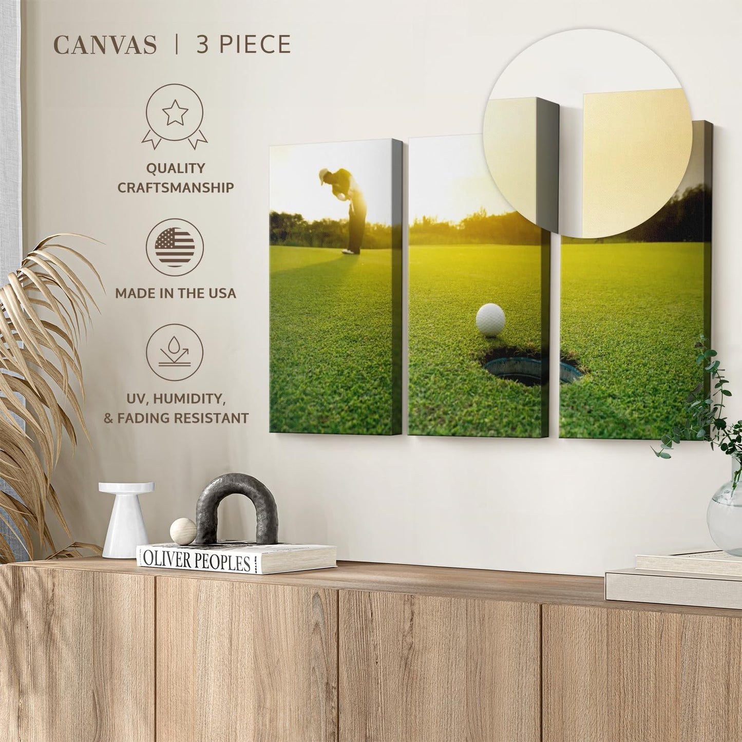 ElephantStock Golf Ball Strike Wall Art - Horizontal Canvas - 3-Piece Living Room Wall Decor - Photography Sports Canvas Print - Green and White Decor for Wall - 23" X 14"